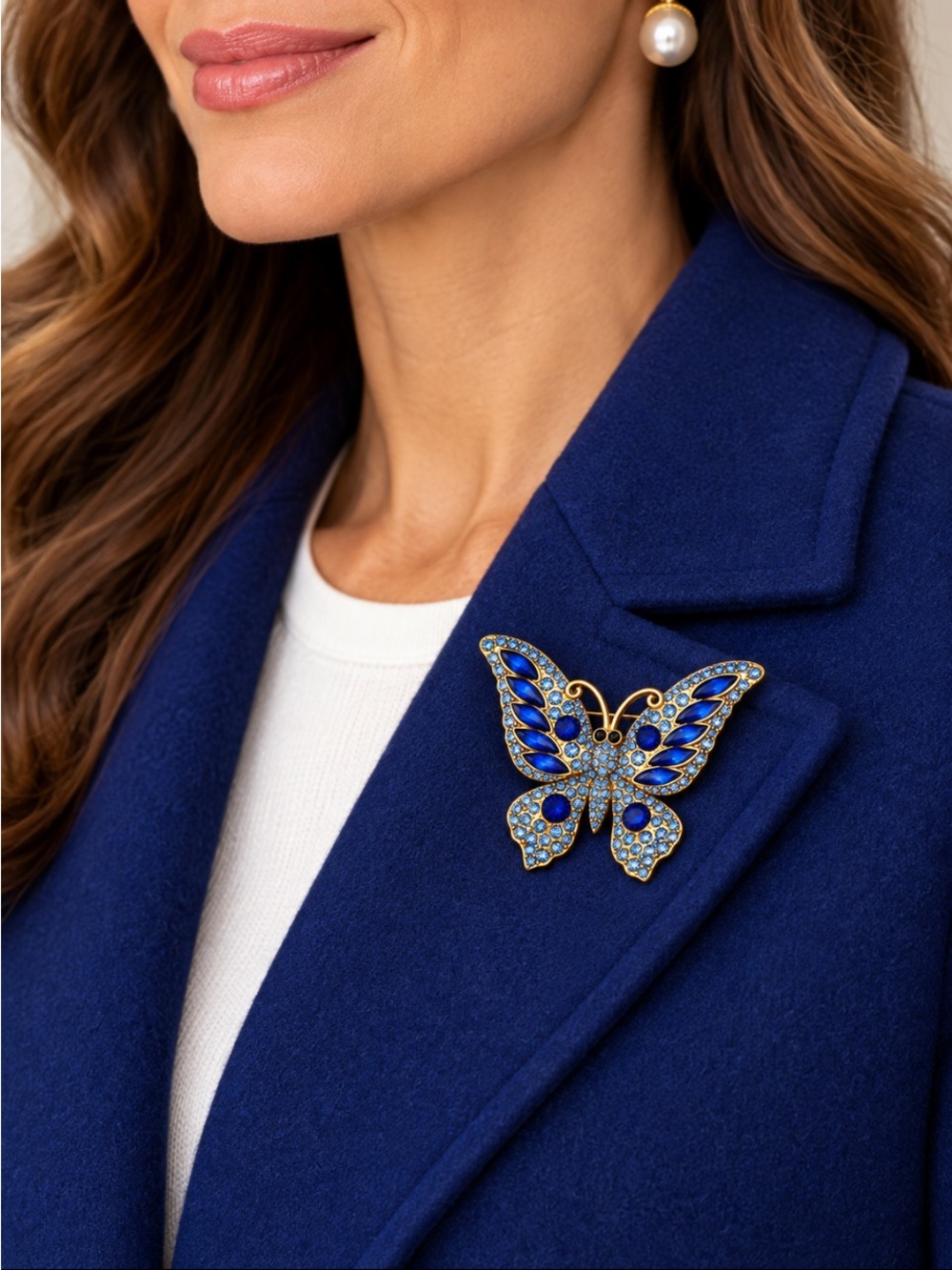 Blue Rhinestone Butterfly Brooch Gold Tone Statement Pin